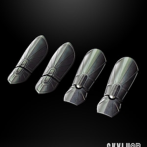 May include: A set of four silver-coloured, detailed, 3D printed gauntlets. The gauntlets are designed to look like a Jedi Knight's gauntlets from the Star Wars franchise. The text "JEDI GAUNTLET SET 1:12. 1:6. PROPS SCALE STL READY" and "SKYLU3D DESIGN" are printed below the gauntlets.