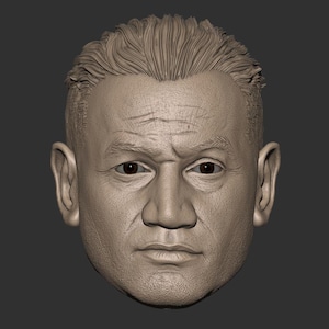 May include: A close-up of a 3D printed model of a man's face. The model is detailed and shows realistic features, including wrinkles and stubble.
