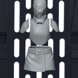 May include: A gray, futuristic-style armor set, including a helmet, chest piece, and skirt-like lower garment. The helmet has a distinctive visor and the chest piece has shoulder pads. The skirt features a belt with a circular buckle. The armor is set against a dark background.