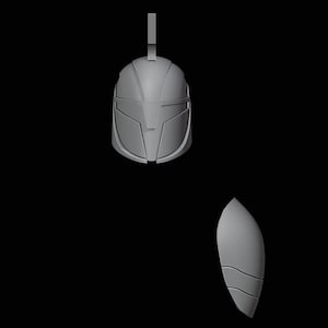 Könnte beinhalten: Ein 3D-gedrucktes Modell eines Helms und eines Schildes, beide in grauer Farbe. Der Helm hat eine spitze Oberseite und ein Visier. Der Schild ist gebogen und hat ein erhabenes Design.