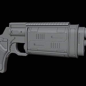 May include: A grey, futuristic handgun with a detailed design. The gun features a textured grip, a trigger, and a cylindrical barrel. The overall aesthetic suggests a science fiction or fantasy theme.