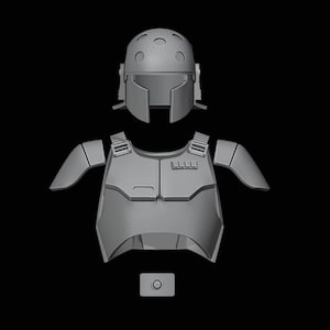 May include: A 3D printed model of a futuristic helmet and armor set. The helmet has a visor and a dome-shaped top with holes. The armor is a chest piece with shoulder pads and a belt.