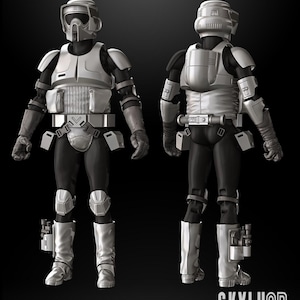 May include: A 3D printed model of a Star Wars Scout Trooper in white and black armour. The model is posed in a standing position with both arms extended. The model is ready to be printed.