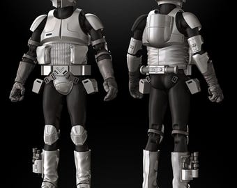 May include: A 3D printed model of a Star Wars Scout Trooper in white and black armor. The model is posed in a standing position with both arms extended. The model is ready to be printed.