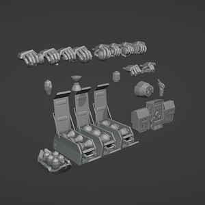 May include: A set of 3D printed model parts for a robot, including arms, hands, legs, and a torso. The parts are made of gray plastic and are designed to be assembled together.