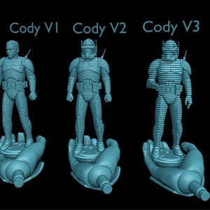 Puede incluir: Tres modelos 3D en tonos azules de un personaje llamado Cody, cada uno de pie sobre una base en forma de mano. Los modelos est&aacute;n etiquetados Cody V1, Cody V2 y Cody V3. El fondo es negro.