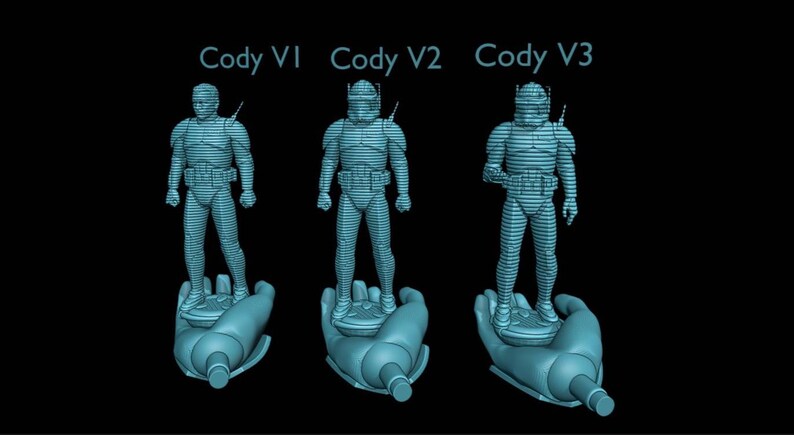 Puede incluir: Tres modelos 3D en tonos azules de un personaje llamado Cody, cada uno de pie sobre una base en forma de mano. Los modelos est&aacute;n etiquetados Cody V1, Cody V2 y Cody V3. El fondo es negro.
