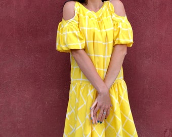 Yellow Check print Dress/ Dropped waist dress/ Vintage Boho yellow Summerdress