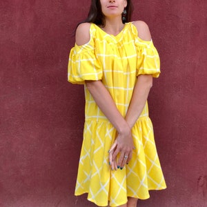 Yellow Check print Dress/ Dropped waist dress/ Vintage Boho yellow Summerdress image 1