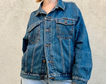 Vintage Wrangler Denim Jacket: Dark Blue Cotton Trucker, Unisex Size L