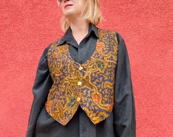 Vintage Beaded Embroidered Cotton Vest – Gold Blue Floral Magic Craft