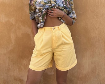 Yellow Bermuda Cotton Twill Shorts/ Vintage High Waisted Chino Shorts/Cotton Bermuda Shorts