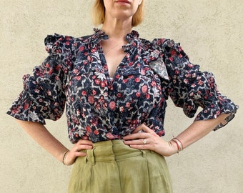 Isabel Marant Etoile Ruffle Blouse/ Isabel Marant Linen Floral Blouse / Vintage Luxury Linen Blue Blouse