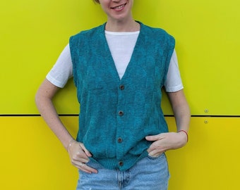 Turquoise Knitted Vest/ Unisex Vintage Vest/ Daniel Hechter Cardigan Vest