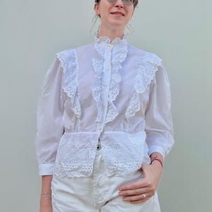 Handmade Cottagecore Blouse / White Cotton Eyelet Top with Puff Sleeves and Lace Trim