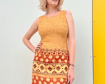 70s Geometric Mini Dress: Braemar Petites Vintage Sleeveless Mustard Dress