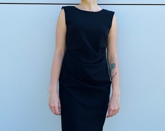 Max Mara Black Midi Dress/ Vintage Cocktail Black Dress/Draped Classic Black Dress