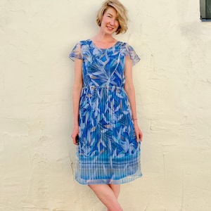 Blue Marine Abstract Leaf Print Dress /80s Handmade Vintage Dress/ Chiffon Blue Dress image 1