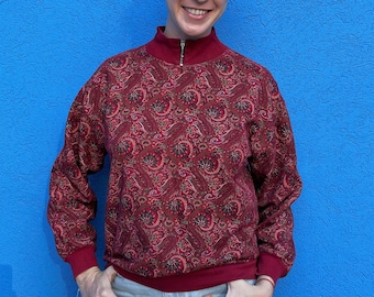 Sports Turtleneck Sweatshirt/Paisley Print Scandinavian sweatshirt/ 80's Burgundy Mock Neck Sweatshirt