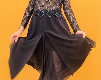 Falda midi vintage de gasa negra, falda de noche asimétrica