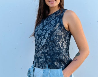 Navy Blue Top/ Metallic Paisley Pattern Blue Top/Elegant Blue Top/Vintage Sparkle Blue Top