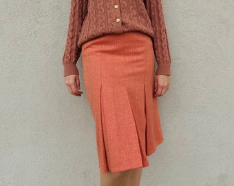 Herringbone Orange Skirt/Talbots Pleated Skirt/Vintage Midi Skirt/Vintage Wool Skirt