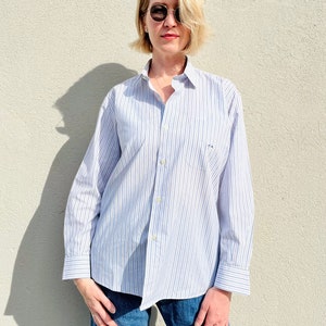Vintage Blue Striped Shirt/ Classic Striped Shirt Made in Spain/ Blue and Grey Striped Button Down Long Sleeve Shirt