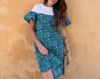 Vintage African Dress/ Mini African Print Dress/ Cotton African Dress/ Turquoise African Dress