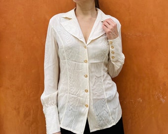 Vintage Escada Sidenblus: Krämfärgad Långärmad Topp