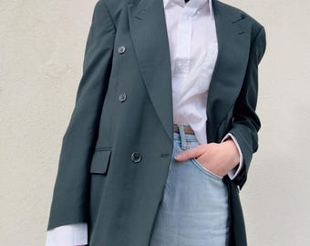 Blazer vintage de lana verde Pierre Balmain: traje cruzado extragrande