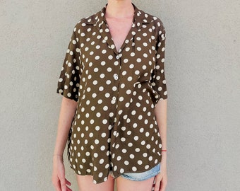 Vintage Khaki Polka Dot Blouse /80s Viscose Blouse/Oversize Polka Dot shirt