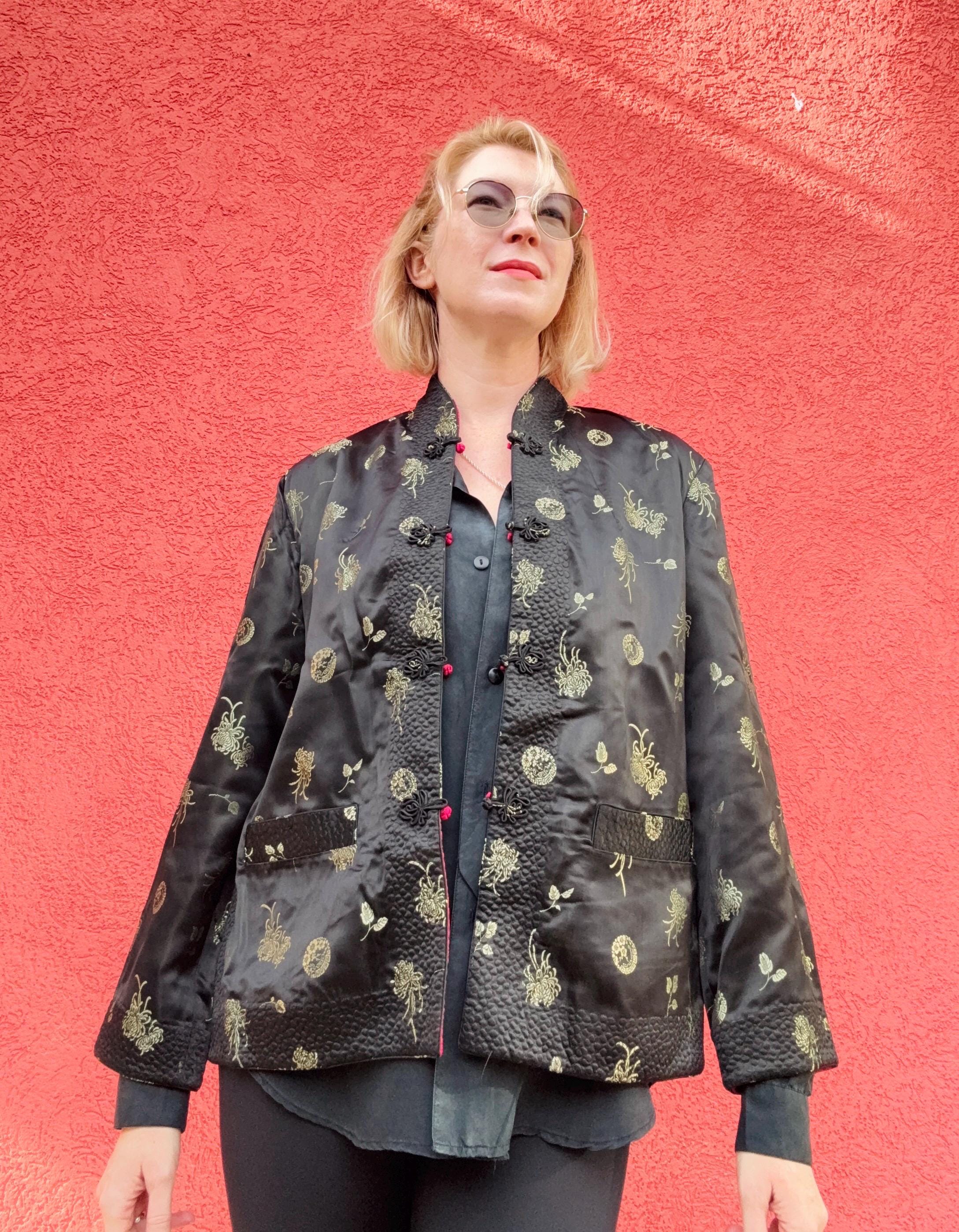 Vintage Silver Lake Reversible Mandarin Jacket – Black Fuchsia