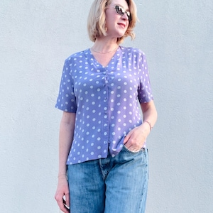 Chemisier en soie à pois vintage des années 80 - Chemise lilas lavande