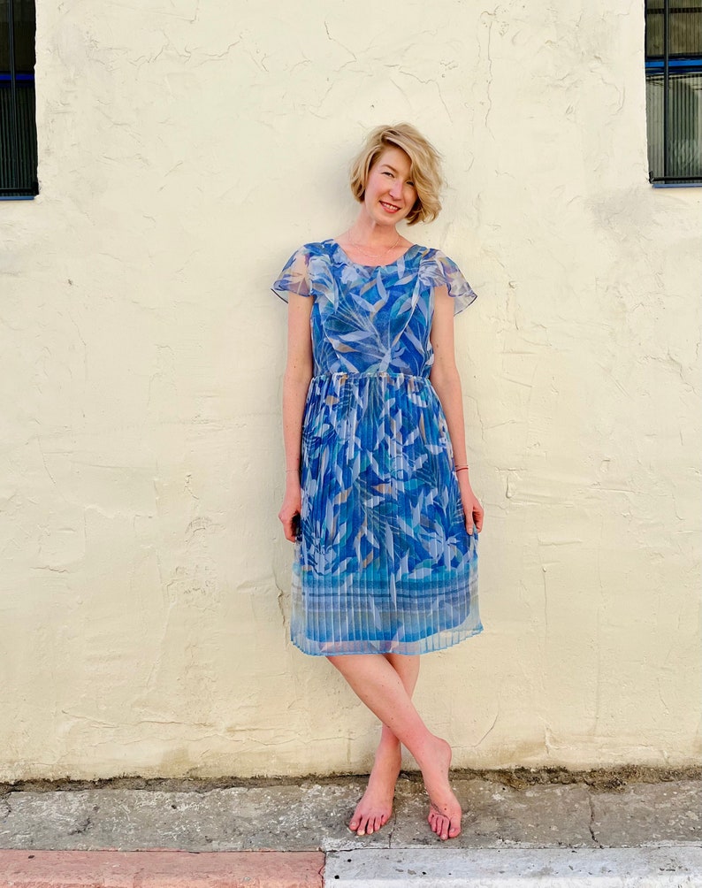 Blue Marine Abstract Leaf Print Dress /80s Handmade Vintage Dress/ Chiffon Blue Dress image 1