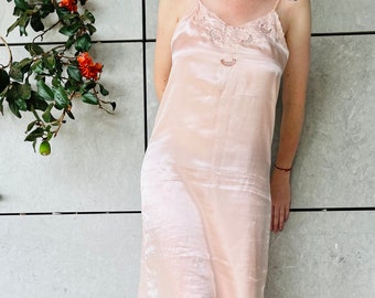 Vintage Satin Slip Dress/ Embroidery Lace Nightgown/Romantic 80s Peach Slip Dress/Vintage Lingerie