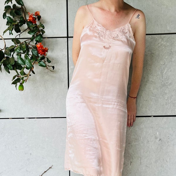 Vintage Satin Slip Dress/ Embroidery Lace Nightgown/Romantic 80s Peach Slip Dress/Vintage Lingerie