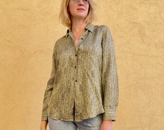 Vintage Mondi Seidenbluse / Seidenhemd mit Pistaziendruck / langärmeliges elegantes Retro-Oberteil