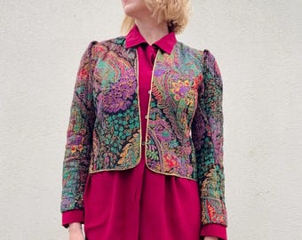 Vintage Quilted Crop Jacket: Floral Oriental Print, Puff Sleeves