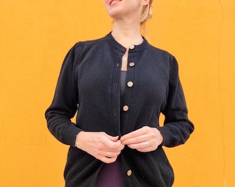 Vintage Black 100% Cashmere Cardigan with Gold Buttons / Soft and Cozy Cashmere Sweater