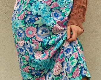 Turquoise Floral Silk Skirt / Vintage 80s Midi Skirt/Blue Pencil Midi Skirt