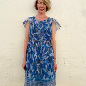 Blue Marine Abstract Leaf Print Dress /80s Handmade Vintage Dress/ Chiffon Blue Dress image 2