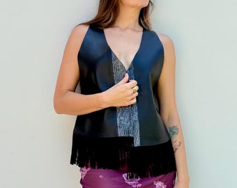 Vintage Leather Fringe Vest: Animal Print Boho Festival Style