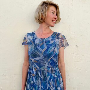 Blue Marine Abstract Leaf Print Dress /80s Handmade Vintage Dress/ Chiffon Blue Dress image 6