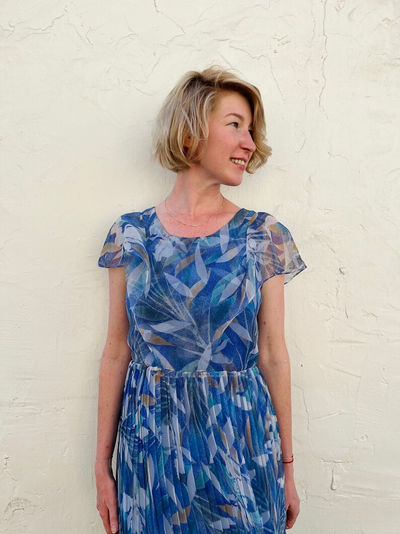 Blue Marine Abstract Leaf Print Dress /80s Handmade Vintage Dress/ Chiffon Blue Dress image 6