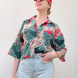 Vintage Animal Print Blouse/ Leopard Print Vintage  Green Blouse/80s Animal Print Crop Blouse
