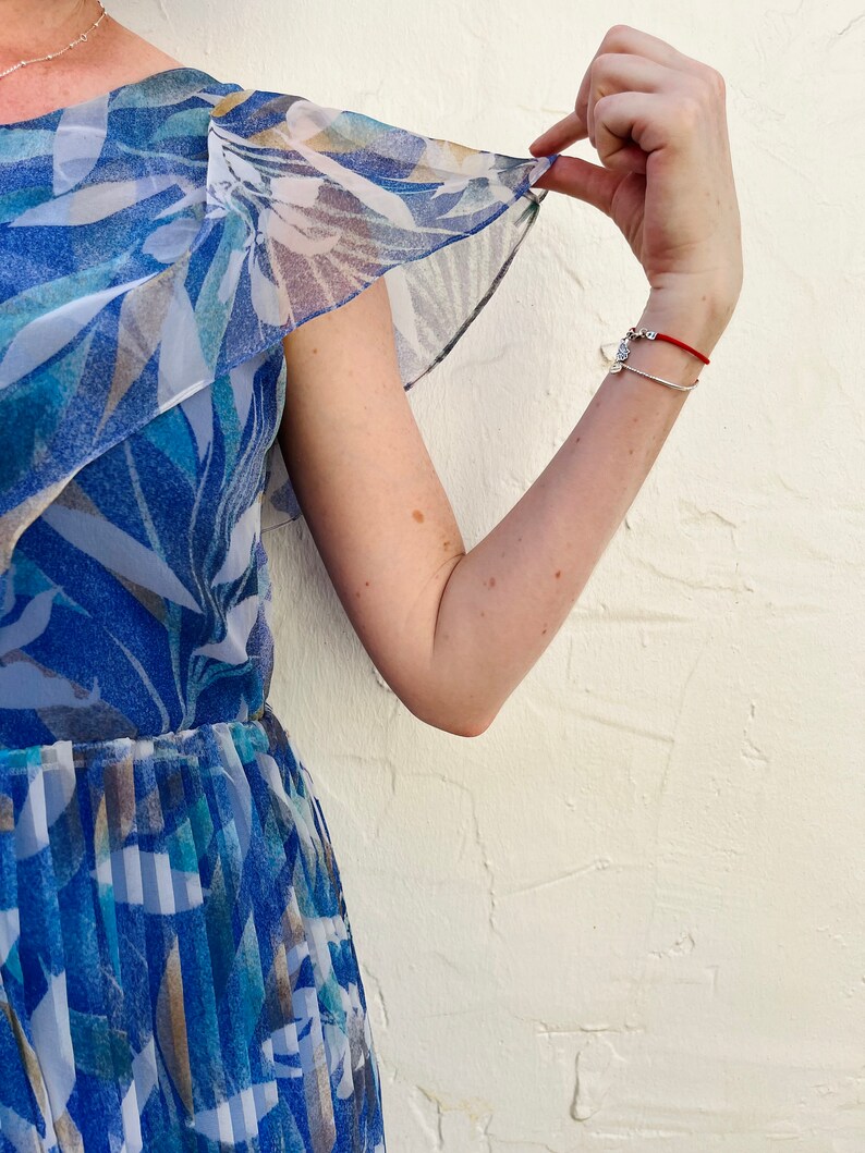 Blue Marine Abstract Leaf Print Dress /80s Handmade Vintage Dress/ Chiffon Blue Dress image 8