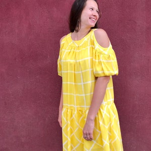 Yellow Check print Dress/ Dropped waist dress/ Vintage Boho yellow Summerdress image 2