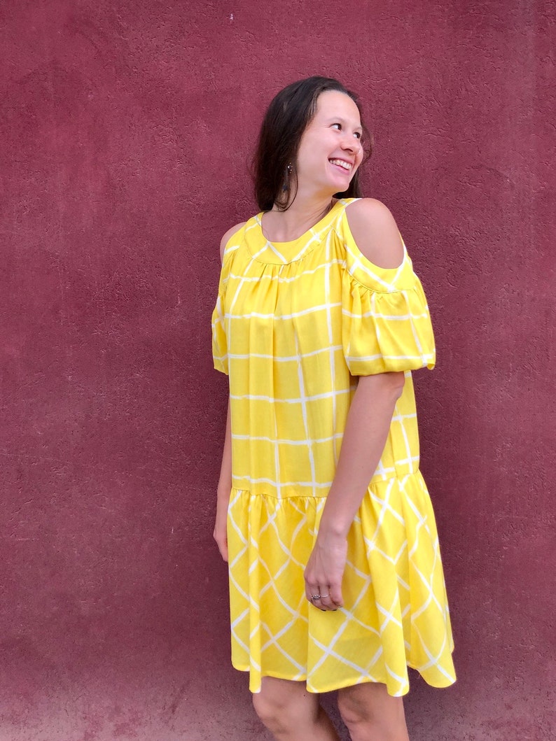 Yellow Check print Dress/ Dropped waist dress/ Vintage Boho yellow Summerdress image 2