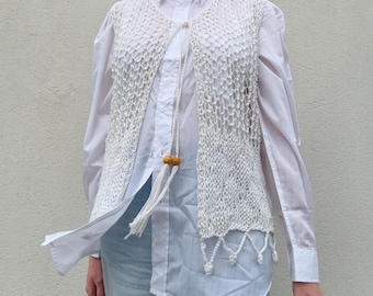 Vintage Hand Knitted Crochet Vest: White Boho Granny Waistcoat