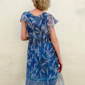 Blue Marine Abstract Leaf Print Dress /80s Handmade Vintage Dress/ Chiffon Blue Dress image 5